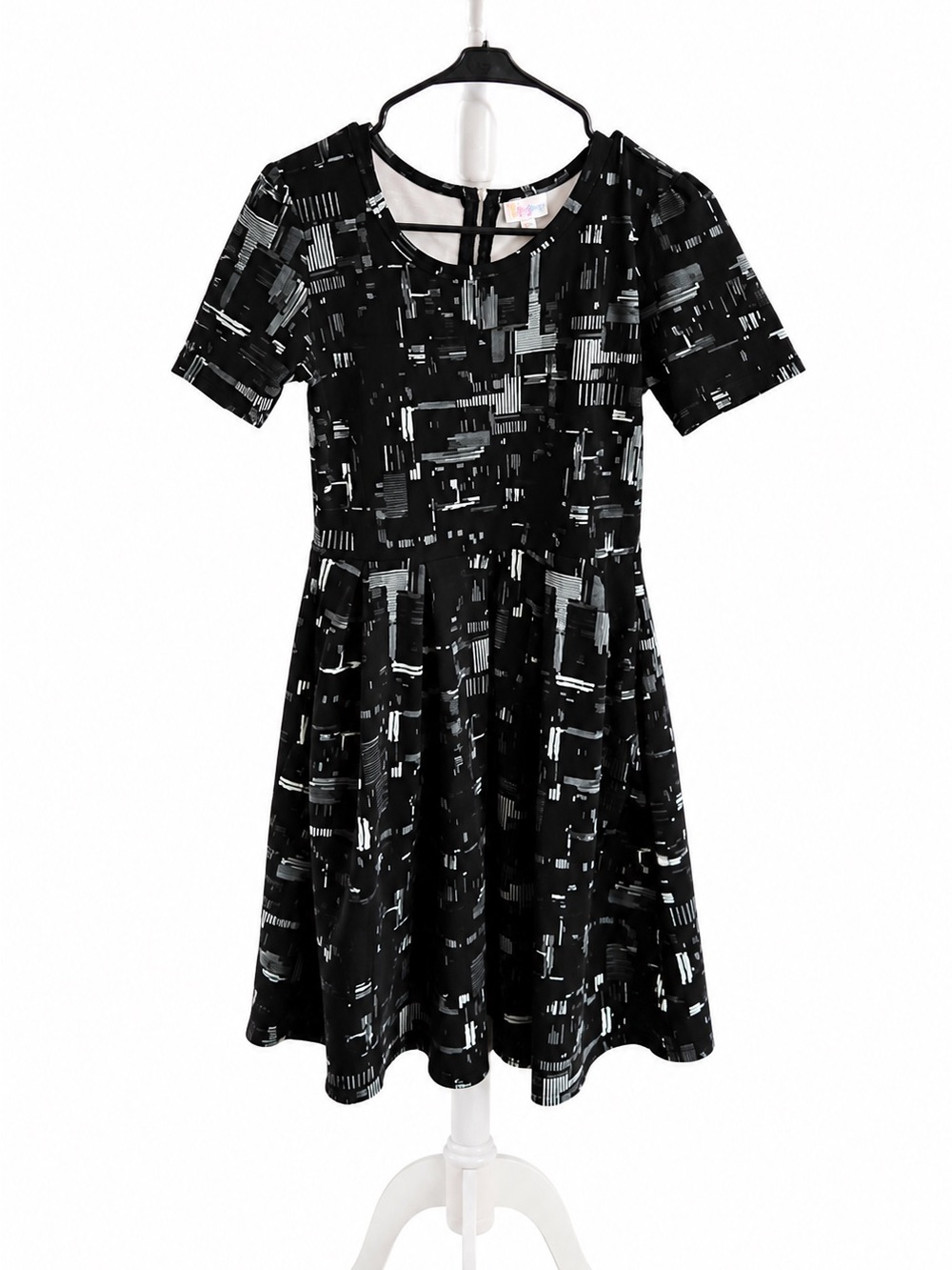 Black Short Sleeve Fit-and-Flare Dress with Abstract Mint Print